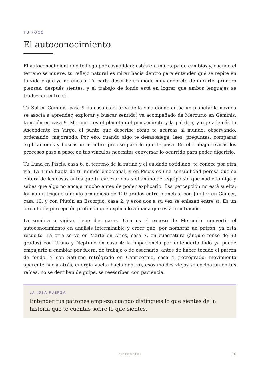 Página 10 · El foco que tú elijas (amor, carrera, dinero o autoconocimiento), conectado con tu carta.