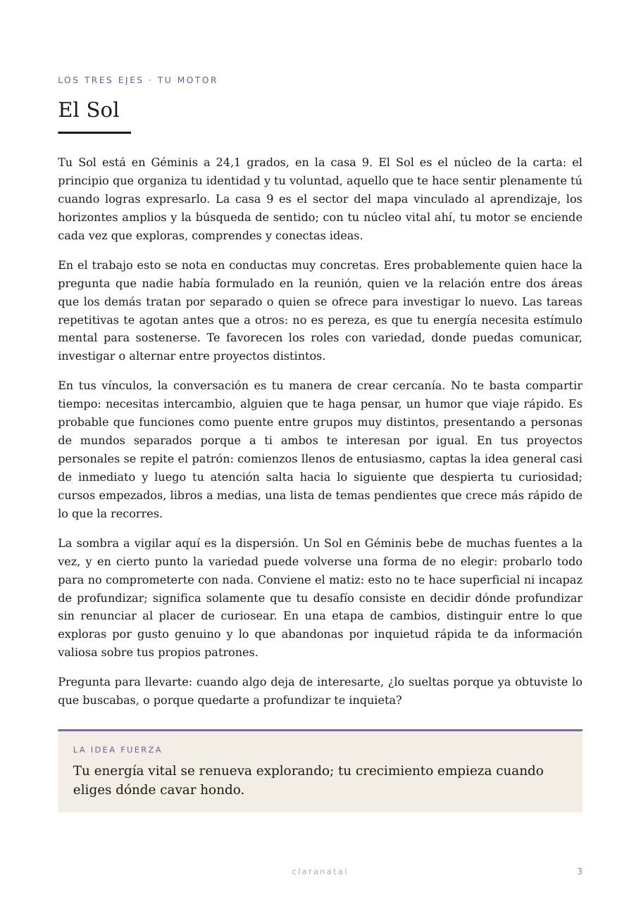 Página 3 · El eje Sol: lo que te enciende, su sombra a vigilar y una pregunta para la semana.